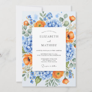 Blaue Orange Üppige Blüten Hochzeit Einladung