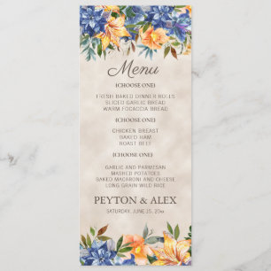 Blaue Orangefarbene Blumen Hochzeit im Herbst Menükarte