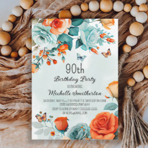 Blaue orangefarbene Blumen Schmetterlinge 90. Gebu Einladung