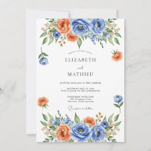 Blaue Orangefarbene Blumige Hochzeit Einladung