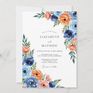 Blaue Orangefarbene Florale Whimsicalische Hochzei Einladung