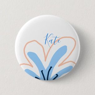 Blaue orangefarbene Pastell-Blumen-Name Boho Retro Button