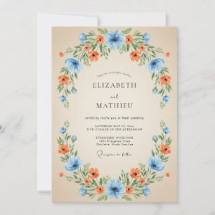 Blaue Orangen-Blumenkranz-Hochzeit Einladung