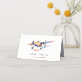 Blaue Orangen-Blush-Flugzeug-Hochzeit Platzkarte