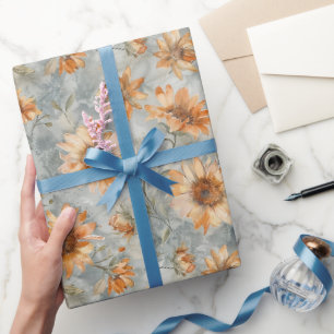 Blaue Orangen Creme Blumen Brautparty Geschenkpapier