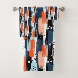 Blaue Orangen Pinselstriche Abstraktes Muster Badhandtuch Set