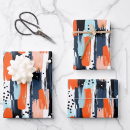 Blaue Orangen Pinselstriche Abstraktes Muster Geschenkpapier Set