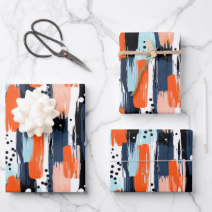 Blaue Orangen Pinselstriche Abstraktes Muster Geschenkpapier Set