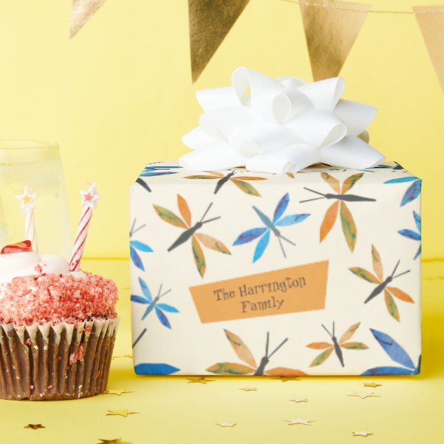 Blaue Orangendrachenfliegen Retro-HandGezeichnet L Geschenkpapier (Geburtstagsparty)