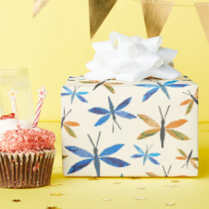 Blaue Orangendrachenfliegen Retro-HandGezeichnet L Geschenkpapier