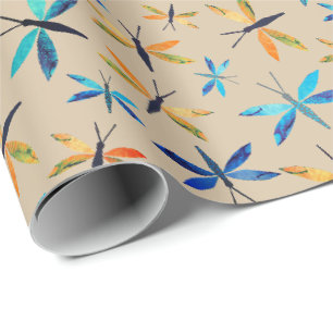 Blaue Orangendrachenfliegen Taupe HandGezeichnet L Geschenkpapier