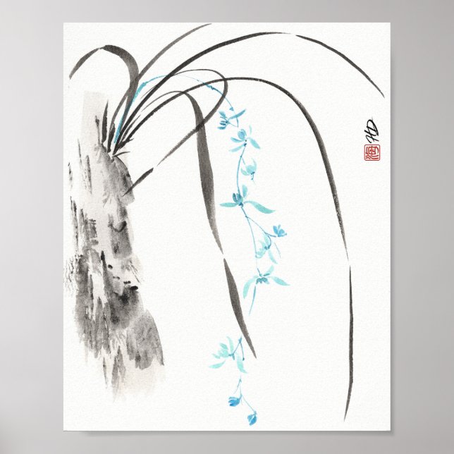 Blaue Orchidee im Wind Poster (Vorne)
