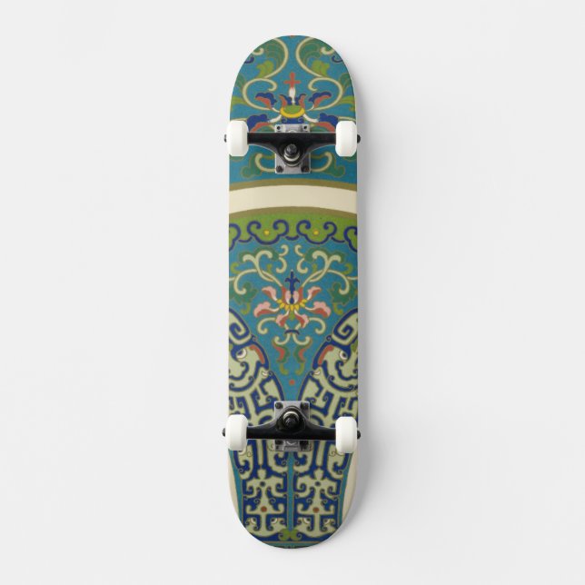 Blaue Orientalische Designs mit lächelnden Gesicht Skateboard (Vorderseite)