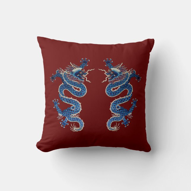 Blaue orientalische Dracheantike Chinesestickerei Kissen (Vorderseite)