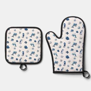 Blaue Ozeankreaturen von Wedgewood! Ofenhandschuh & Topflappen-Set