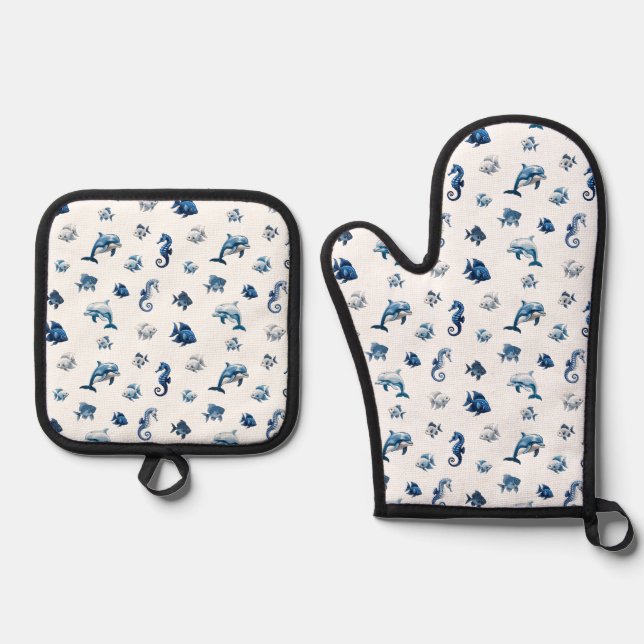 Blaue Ozeankreaturen von Wedgewood! Ofenhandschuh & Topflappen-Set (Vorderseite)