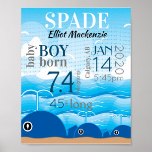 Blaue Ozeanwale Baby-Junge-Geburtsstatistiken-Schi Poster