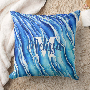 Blaue Ozeanwelle Mit Monogramm Kissen