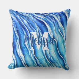 Blaue Ozeanwelle Mit Monogramm Kissen