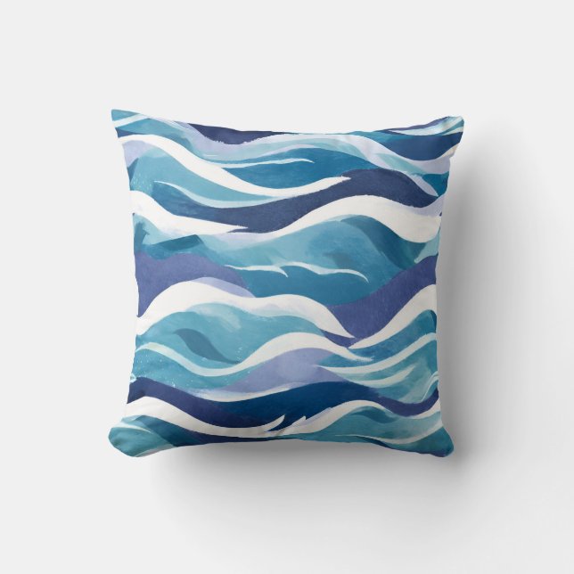 Blaue Ozeanwellen | Moderne, einfache Wasserfarbe Kissen (Vorderseite)