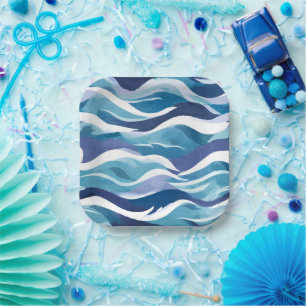 Blaue Ozeanwellen   Moderne, einfache Wasserfarbe Pappteller