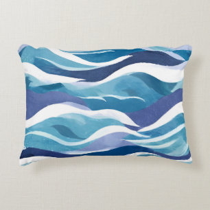 Blaue Ozeanwellen   Moderne Simplistische Aquarell Dekokissen