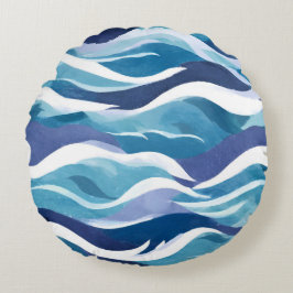 Blaue Ozeanwellen | Moderne Simplistische Aquarell Rundes Kissen