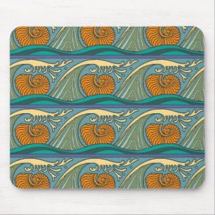 Blaue Ozeanwellen Nautilus-Muschel Art Nouveau Mousepad