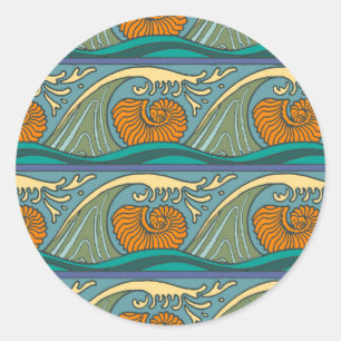 Blaue Ozeanwellen Nautilus-Muschel Art Nouveau Runder Aufkleber
