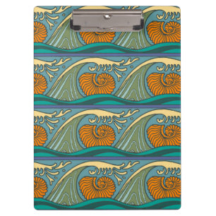 Blaue Ozeanwellen Nautilus-Muschel Jugendstil Klemmbrett