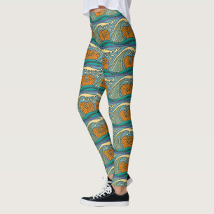 Blaue Ozeanwellen Nautilus-Muschel Muster Nouveau Leggings