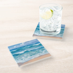 Blaue Ozeanwellen Strand Meer Aquarell Kunst Glasuntersetzer