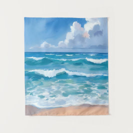 Blaue Ozeanwellen | Strand Meer Aquarell Wandteppich