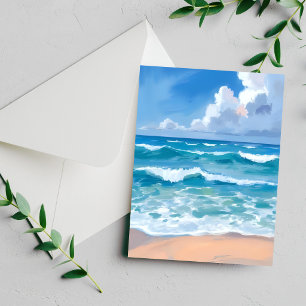 Blaue Ozeanwellen   Strand Meer Wasserfarbenkarte
