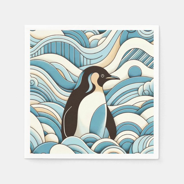 Blaue Ozeanwellen und Niedlicher Pinguin Serviette (Vorderseite)