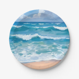 Blaue Ozeanwellen | Wasserfarbe Meer Strand  Pappteller