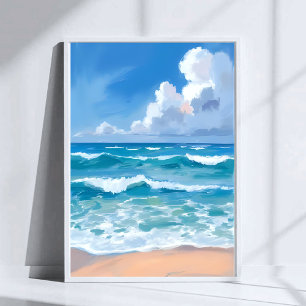 Blaue Ozeanwellen   Wasserfarbe Strand Meer  Poster