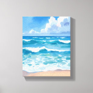 Blaue Ozeanwellen   Wasserfarbe Strandmeer  Leinwanddruck