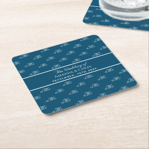 Blaue Paare mit Monogramm, Hochzeit Rechteckiger Pappuntersetzer