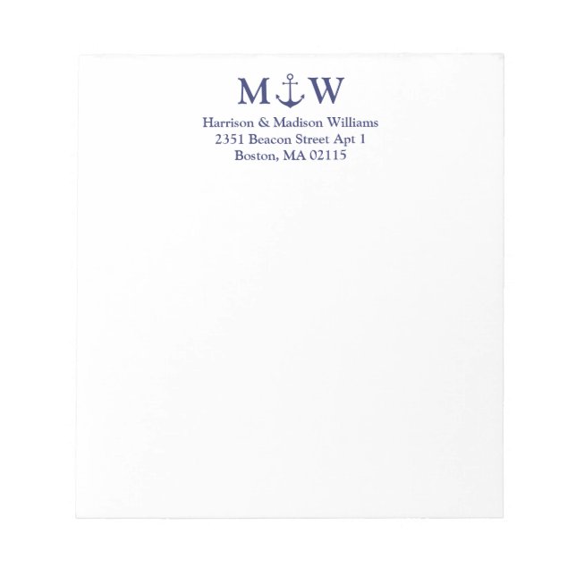 Blaue Paare-Monogramm-Initialen für Nautikanker Notizblock (Vorderseite)
