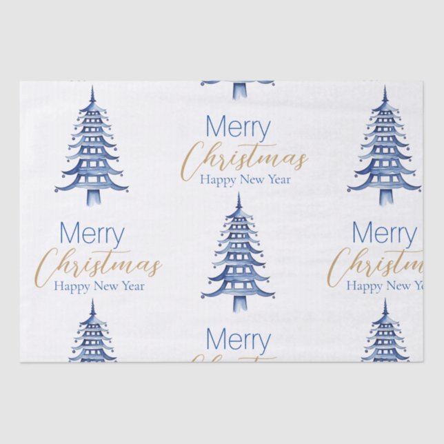 Blaue Pagode Weihnachtsbaum Tissue Seidenpapier (Vorderseite)
