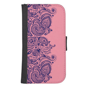 Blaue Paisley-Spitze mit rosa Hintergrund Phone Geldbeutel