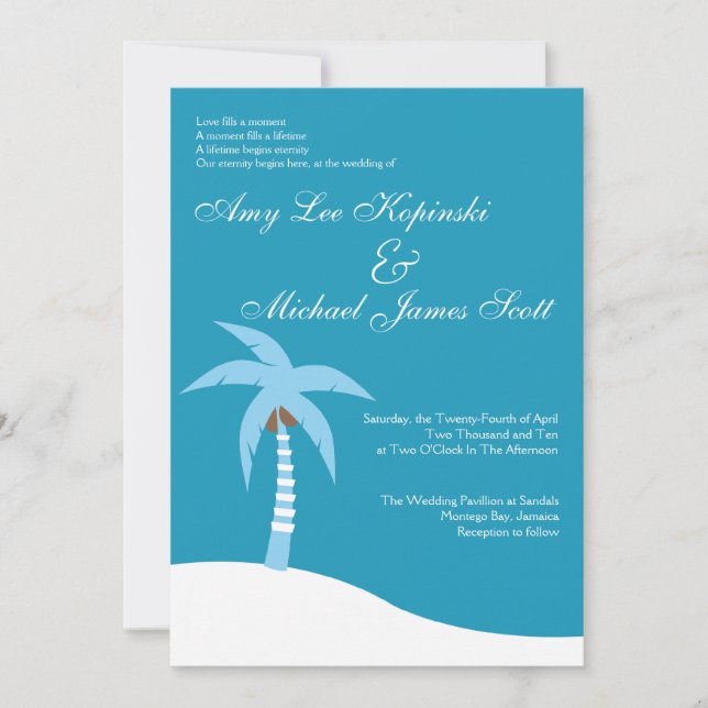 BLAUE PALMTREE KARIBISCHE MEERE HOCHZEIT IN EINLADUNG (Vorderseite)
