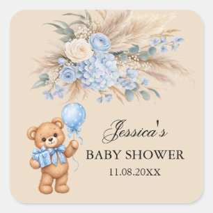 Blaue Pampas-Teddy-Bär-Rosen-Baby-Party Quadratischer Aufkleber