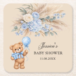 Blaue Pampas-Teddybär-Rosen-Baby-Shower Rechteckiger Pappuntersetzer