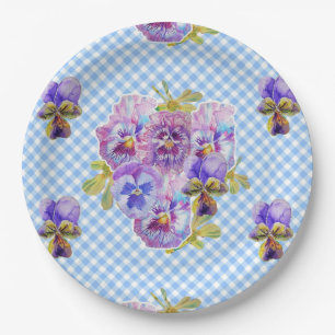 Blaue Pansy Karo Blume Musterpapier-Party-Plättch Pappteller