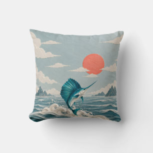 Blaue Papier Segelfisch Korallen Sonne Ozeanwellen Kissen