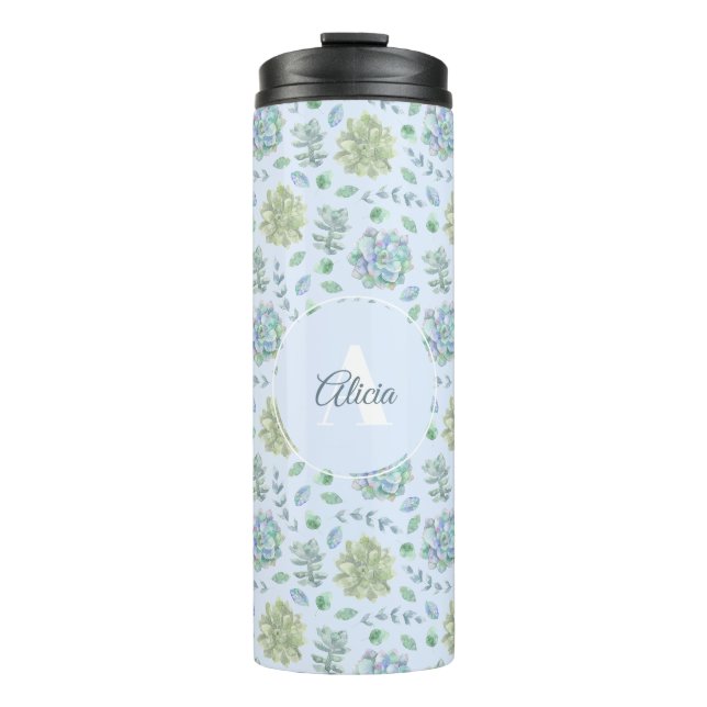 Blaue Pastel Wasserfarbe Sukkulturen Personalisier Thermosbecher (Vorderseite)