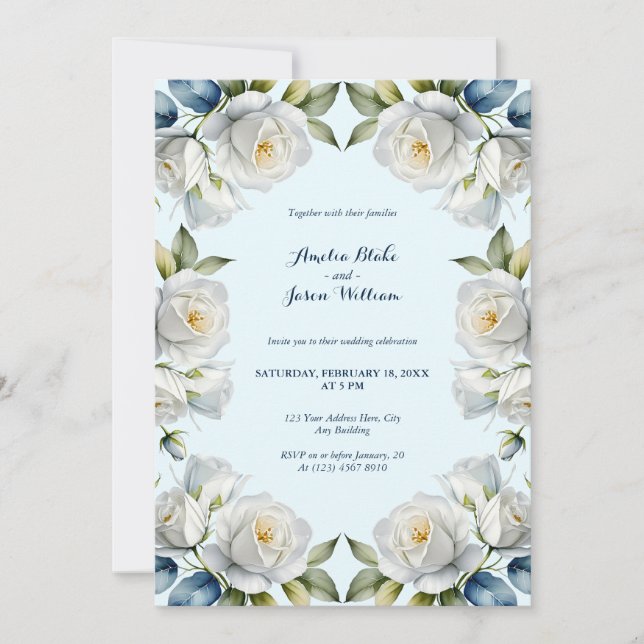 Blaue Pastel Weißrose Blumenstrauß Hochzeit Einladung (Vorderseite)