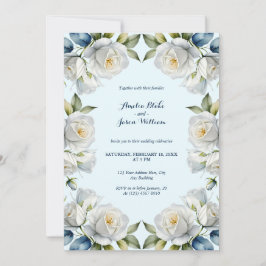 Blaue Pastel Weißrose Blumenstrauß Hochzeit Einladung